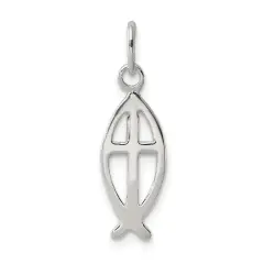Sterling Silver Ichthus Fish & Cross Charm Jewerly 18mm x 6mm