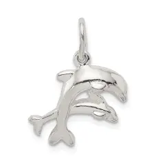 Sterling Silver Double Jumping Dolphins Charm Pendant Jewerly 22mm x 18mm
