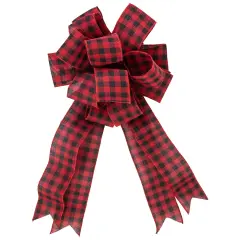 Northlight 19" Buffalo Plaid Print 14 Loop Christmas Bow Tree Topper Black