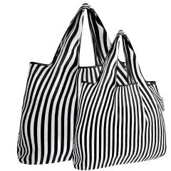 Wrapables Large & Small Foldable Tote Nylon Reusable Grocery Bags, Set of 2 Black Stripes