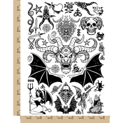 Evil Demons Devils Satanic Halloween Temporary Tattoo Water Resistant Fake Body Art Set Collection Black