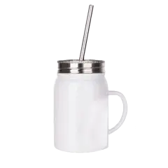17oz Stainless Steel Mason Jar with Handle, Lid and Straw (White)