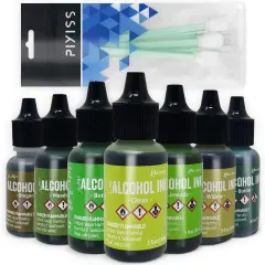 Green Alcohol Inks Set, Tim Holtz Alcohol Ink Greens 7-Pack, 10 Pixiss Blending Tools