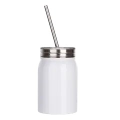 17oz Stainless Steel Mason Jar with Lid and Straw (White)
