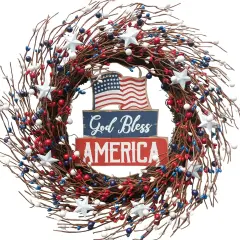 Patriotic 18-Inch Red, White, and Blue Berry Wreath with Americana Flag for 4th of July, Memorial Day, and Veterans Day