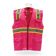 Multi Pocket High Visibility Reflective Safety Vest with Zipper Front 100% Polyester Pink