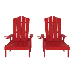 Merrick Lane Solvang Set of 2 Indoor/Outdoor Adjustable Adirondack Loungers with Fold Out Cupholders- Recycled All-Weather Indoor/Outdoor HDPE Lounge Chairs Red