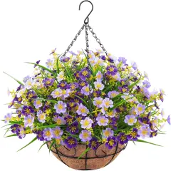 Everlasting Spring Charm: Artificial Hanging Flowers with Coconut-Lined Basket Purple