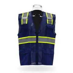 Multi Pocket High Visibility Reflective Safety Vest with Zipper Front 100% Polyester Navy blue