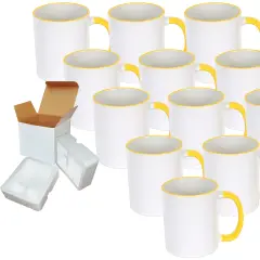 12 Pcs 11OZ Yellow Rim & Handle Sublimation Mugs With Foam Support Boxes