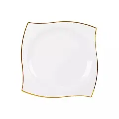 WHITE 10 Square 10" Plastic Salad PLATES Wavy Gold Rim