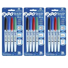 Vis-&agrave;-Vis Wet Erase Marker Set, Fine Tip, 4 Colors Per Pack, 3 Packs