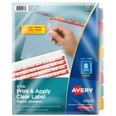Avery 8 Tab Plastic Dividers for 3 Ring Binder, Easy Print & Apply Clear Label Strip, Index Maker Customizable Multicolor Tabs, 5 Sets (11433)