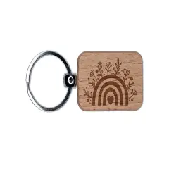 Bohemian Floral Rainbow Engraved Wood Rectangle Keychain Tag Charm