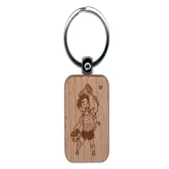 Bug Catcher Boy with Net Engraved Wood Rectangle Keychain Tag Charm