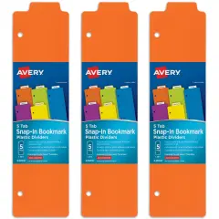 Avery Snap-In Plastic Bookmark Dividers for 3 Ring Binder, White Labels, 1 Assorted Color Set of 5 Tabs, 3 Packs, 15 Page Dividers Total (24908)