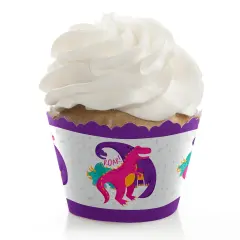 Big Dot of Happiness Roar Dinosaur Girl - Dino Mite T-Rex Baby Shower or Birthday Party Decorations - Party Cupcake Wrappers - Set of 12