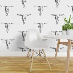 Pre-Pasted Wallpaper 2FT Wide Cow Skull Bull Black And White Western Cowboy Rustic Custom Pre-pasted Wallpaper by Spoonflower