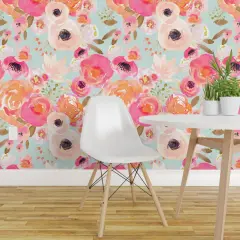 Peel & Stick Wallpaper 2FT Wide Bloom Blush Florals Blue Flower Floral Spring Nursery Easter Summer Shabby Chic Decor Custom Removable Wallpaper by Spoonflower