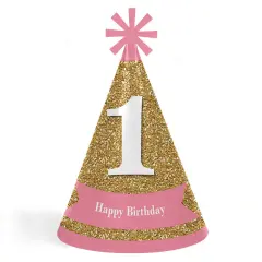 Big Dot of Happiness 1st Birthday Girl - Fun to be One - Cone Happy First Birthday Party Hats for Kids and Adults - Set of 8 (Standard Size)