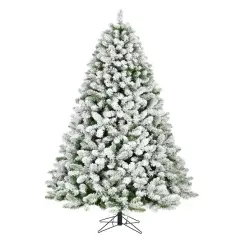 Unlit Heavy Frosted Green Aspen Fir Christmas Tree - Wide Metal Stand, Realistic Pine Needles - Festive Holiday Decor, Space-Saving Xmas Tree, Snow-Covered Design