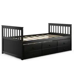 Pine Wood Twin Captain&rsquo;s Bed with Trundle and 3 Storage Drawers Brown