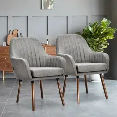 Set of 2 Fabric Upholstered Accent Chairs with Wooden Legs and Adjustable Non-slipping Pads Grey