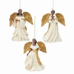 4.5" Ivory and Gold African American Angel Ornaments &ndash; Set of 3 Assorted Christmas Decorations