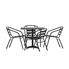 Emma and Oliver 31.5'' Square Aluminum Indoor-Outdoor Table Set with 4 Slat Back Chairs Black