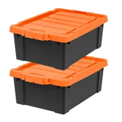 IRIS USA Heavy-Duty Plastic Storage Bins, Store-It-All Container Totes with Durable Lid and Secure Latching Buckles, Black/Orange