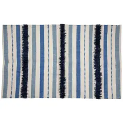 Northlight 3.5' x 2.25' Blue, Cream and Black Striped Handloom Woven Outdoor Accent Throw Rug
