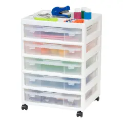 IRIS USA 5 Drawers 12&rdquo; x 12&rdquo; Scrapbook Plastic Rolling Storage Cart with Organizer Top with Casters, Black/White