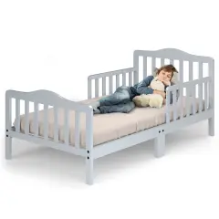 Classic Design Kids Wood Bed Frame with Two Side Safety Guardrails Grey