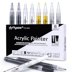 8 Pieces 0.7mm Acrylic Paint Pens Black & White & Gold & Silver, Paint Marker Extra Fine for Rock Painting, Stone, Ceramic, Glass, Wood, Blackboard, Fabric, Metal, Paper, Drawing, DIY Art
