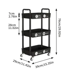 3-Tier Kitchen Storage Cart,Multifunction Utility Rolling Storage Organizer,Mobile Shelving Unit Cart with Lockable Wheels for Bathroom,Laundry,Living Room,With Classified Stickers,Black