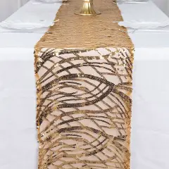 12x108 in Mesh Wavy Embroidered Sequins Table Runner Gold