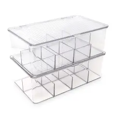 Divided Clear Plastic Organizer (10.75&rdquo; x 6.5&rdquo; x 3.7&rdquo;) w/Hinged Lid, Stackable Storage Box for Tea Bags, Crafts, Office Supplies, Cosmetics, Jewelry, BPA-Free, Food Safe Pantry Container