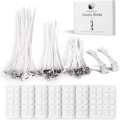 Candle Wicks 90 Pcs (4 Inch, 6 Inch, 8 Inch) with 2 Candle Wick Holders & 90 Wick Tab Stickers, Long Lasting Pre-Waxed & Tabbed Cotton Threads with No Black Smoke for Candle Making