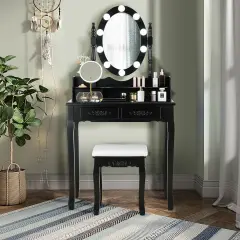 Makeup Dressing Table with Touch Switch Lighted Mirror and Cushioned Stool Black