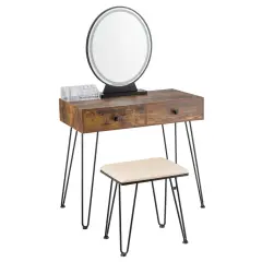Makeup Dressing Table Included Soft Cushion Seat Stool with 3 Lighting Modes and 2 Large Drawers Rustic Brown