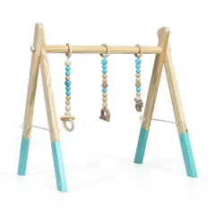 Portable 3 Wooden Newborn Baby Exercise Activity Gym Teething Toys Hanging Bar Blue