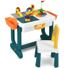 5 in 1 Multi-functional Kids Table and Chair Set with Storage Baskets and Tilted Drawing Board