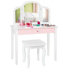 Kids Princess Make Up Dressing Table with Tri-folding Mirror and Chair White