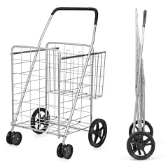 Folding Shopping Cart for Laundry with Swiveling Wheels & Dual Storage Baskets Silver