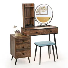 Vanity Table Set with 3-Color Lighted Mirror and Cushioned Stool Rustic Brown