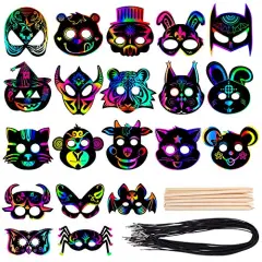 52 Pieces- Halloween Mask Craft Kit for Kids,Kids Magic Scratch Paper Animal Masks, DIY Rainbow Scratch Art Masks for Halloween and Animal Birthday Party