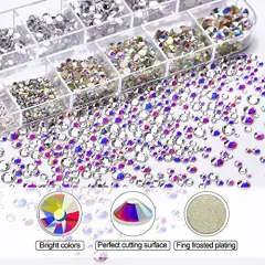 2400 Pieces Nail Art Rhinestones Kit Nail Gems Ab Flatback Rhinestones Gems Stones, with Storage Organizer Box/Wax Pencil/Tweezers 6 Sizes (1.5-4.5 mm) for Nail Art Craft (2400pcs)