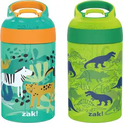 16Oz Riverside Beach Life Kids Water Bottle with Straw and Built in Carrying Loop Made of Durable Plastic, Leak-Proof Design for Travel, 2PK Set Dino CamoSafari