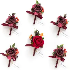 Boutonniere Set of 6 for Groom & Groomsmen Burgundy & red