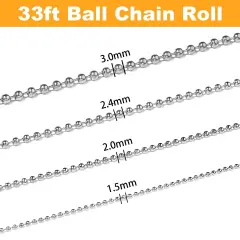 33 FTSteel Ball Chain Bead Dog Tag Chain Beaded Necklace Chains for Jewelry Making Bracelet Military Crafts, Silver Metal Pull Chain Small Ball Bead Chain Roll w/20 Connectors (Silver, 1.5mm)
